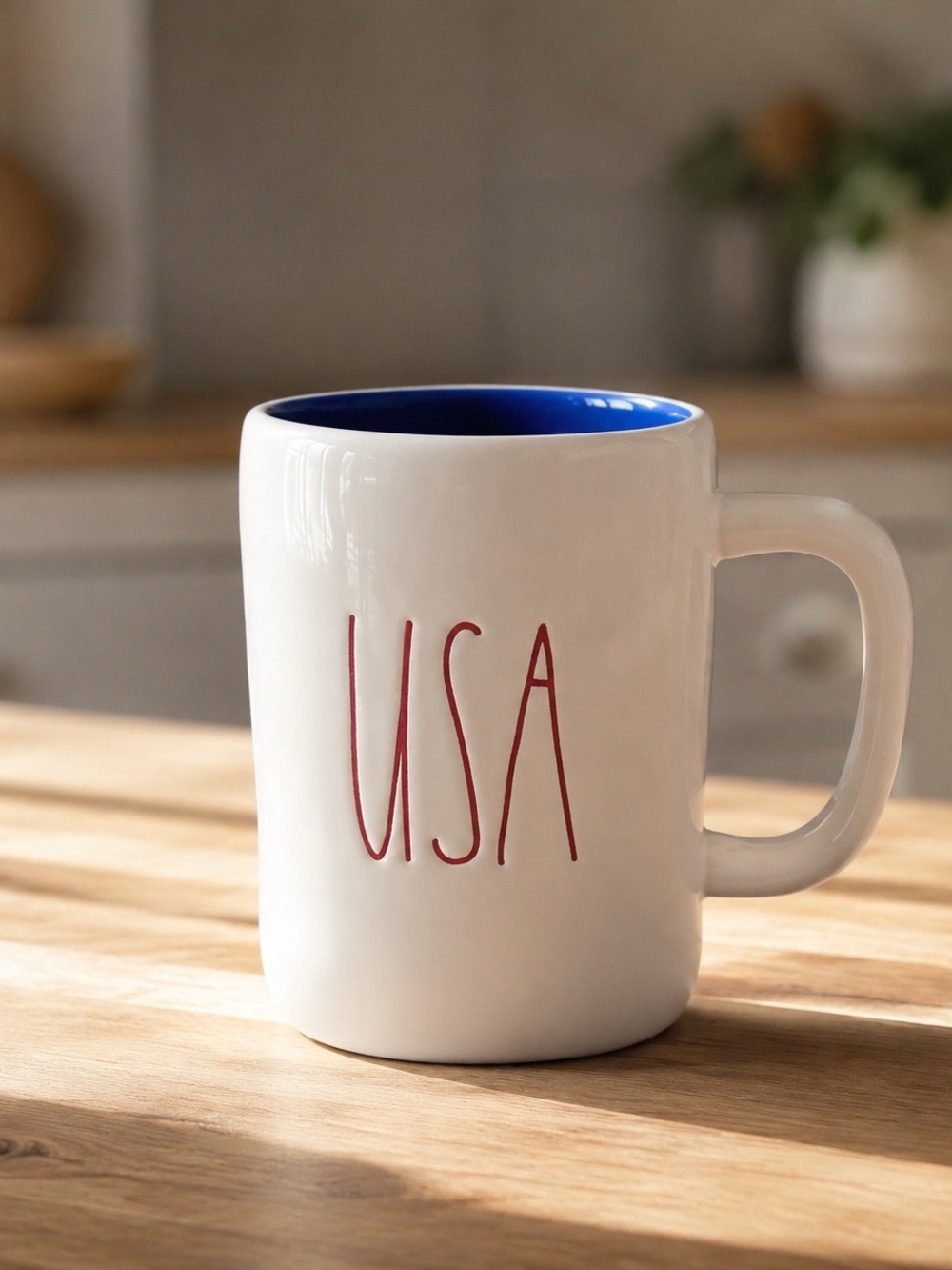 Rae Dunn White Mug with Red USA Script and Blue Interior Glaze